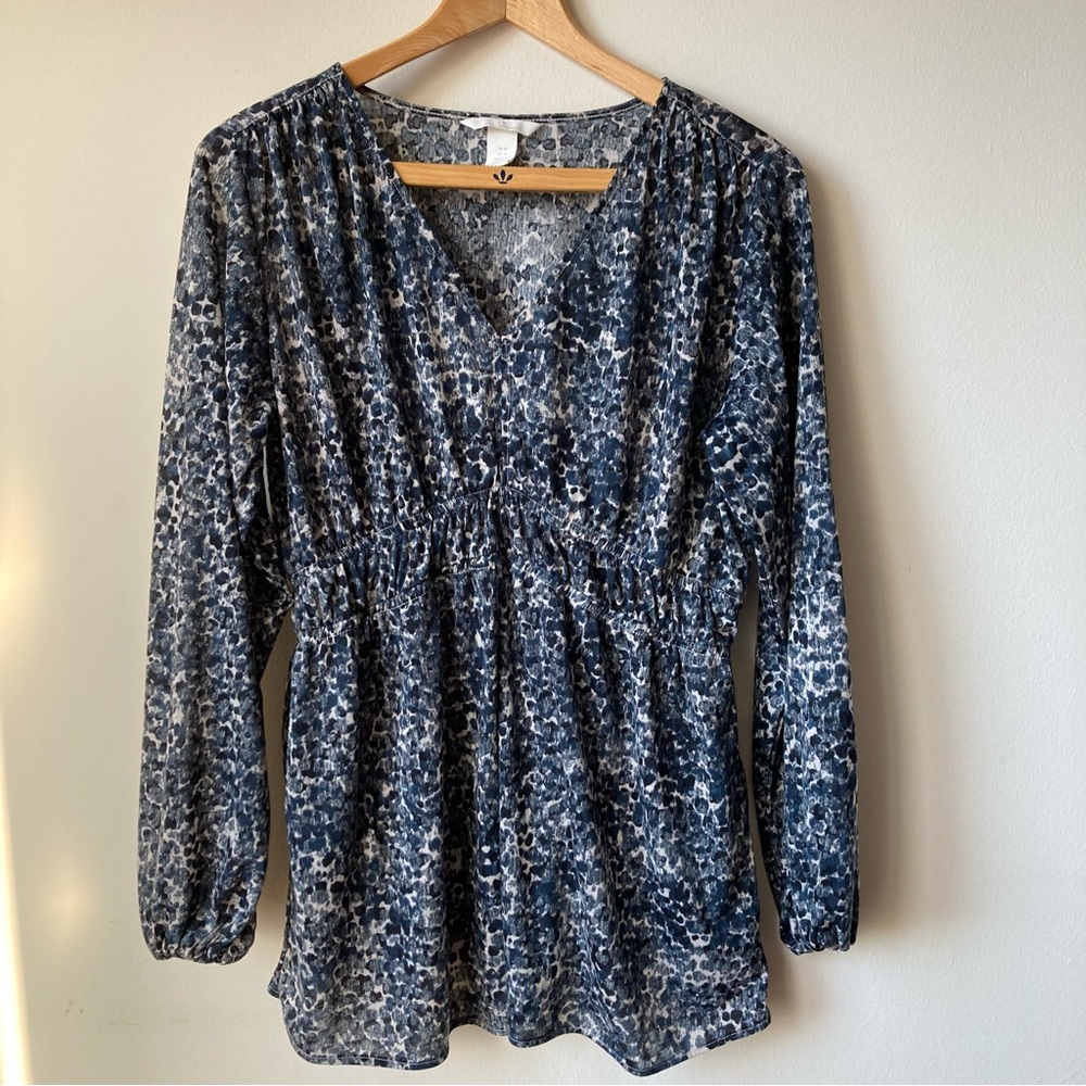 H&M Mama Maternity Blue Print Long Sleeves Blouse Top V-neck Stretch Women sz M